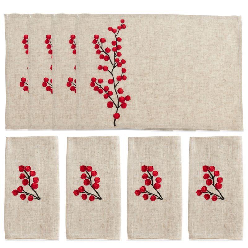 Saro Lifestyle Embroidered Berry Placemat and Napkin 8 pcs Set (4 Placemats, 4 Napkins)