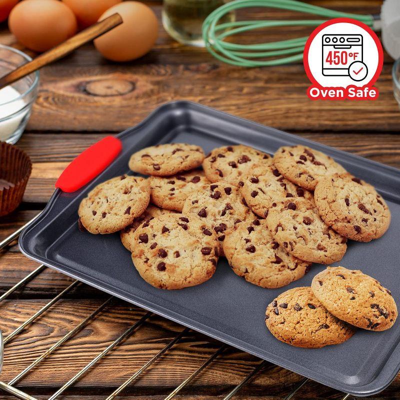 Baking Pan Set – 3 Piece Cookie Sheet – Deluxe Black  Non-Stick Carbon Steel – Silicone Handles –