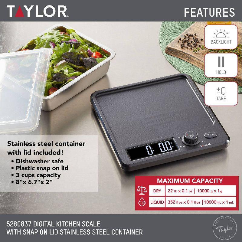 Taylor 22lb Stainless Steel Digital Kitchen Food Scale with Container Black/Gray: Oversized Display, 22lb Capacity