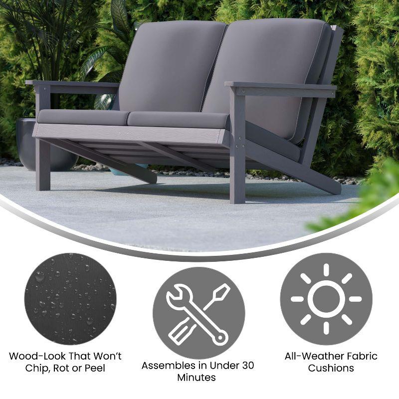Flash Furniture Charlestown All-Weather Poly Resin Wood Adirondack Style Deep Seat Patio Loveseat with Cushions, Gray/Gray