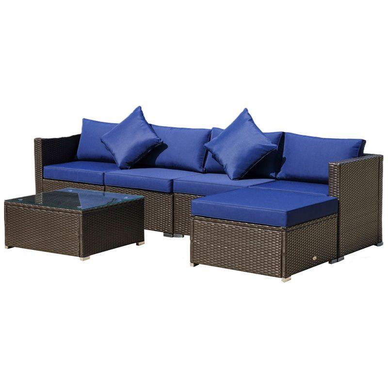 5-Person Coffee and Blue PE Rattan Outdoor Sofa Set