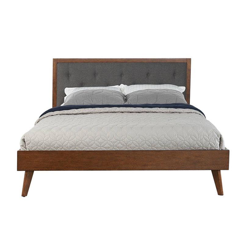 Elegant Walnut Queen Platform Bed with Tufted Gray Upholstery