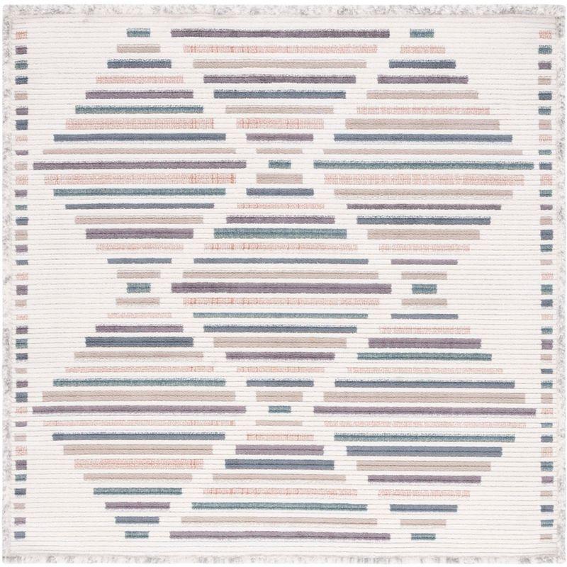 Ivory and Multicolor Hand-knotted Square Wool Area Rug