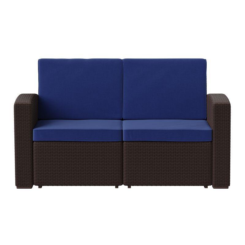 Seneca Brown Faux Rattan Loveseat with Navy Cushions