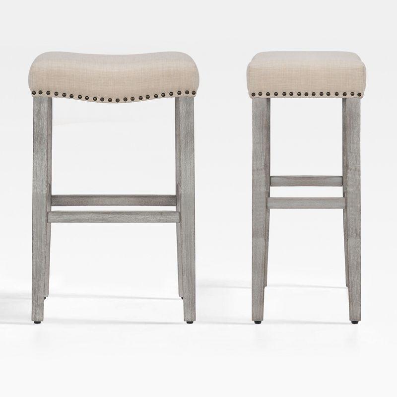 Beige Upholstered Saddle Seat Bar Stools, Set of 2