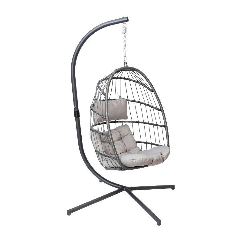 Flash Furniture Cleo Patio Hanging Egg Chair, Wicker Hammock with Soft Seat Cushions & Swing Stand, Indoor/Outdoor Gray Frame-Gray Cushions