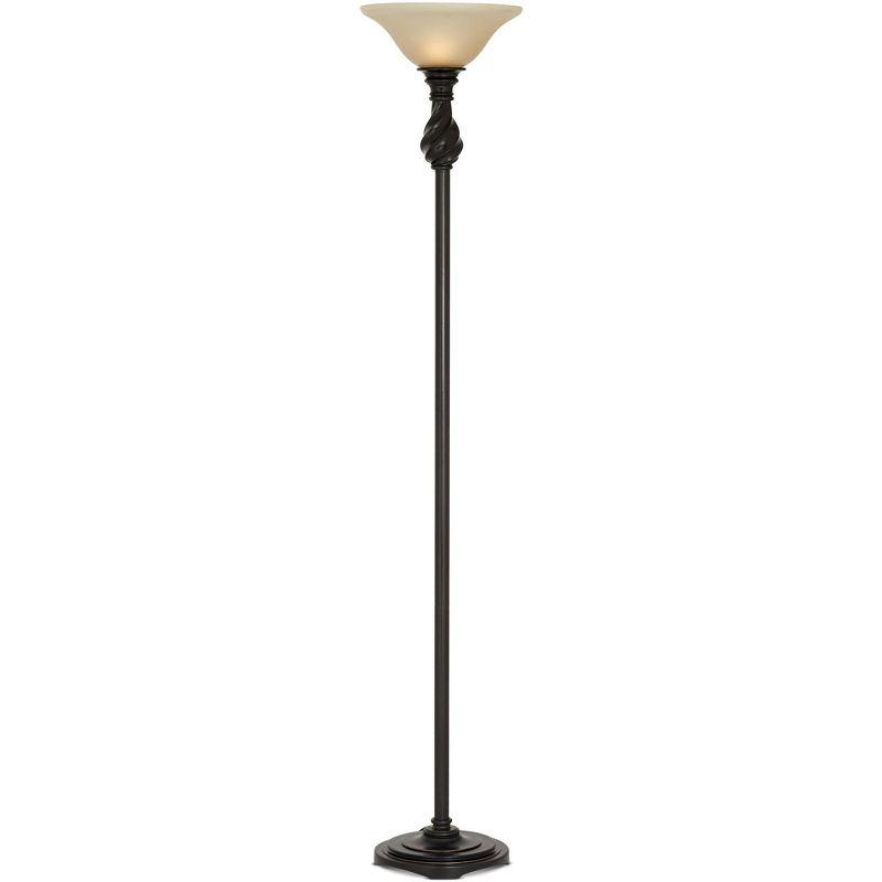 Regency Hill Traditional Torchiere Floor Lamp 70" Tall Hand Applied Black Bronze Swirl Font Amber Glass Shade for Living Room Uplight