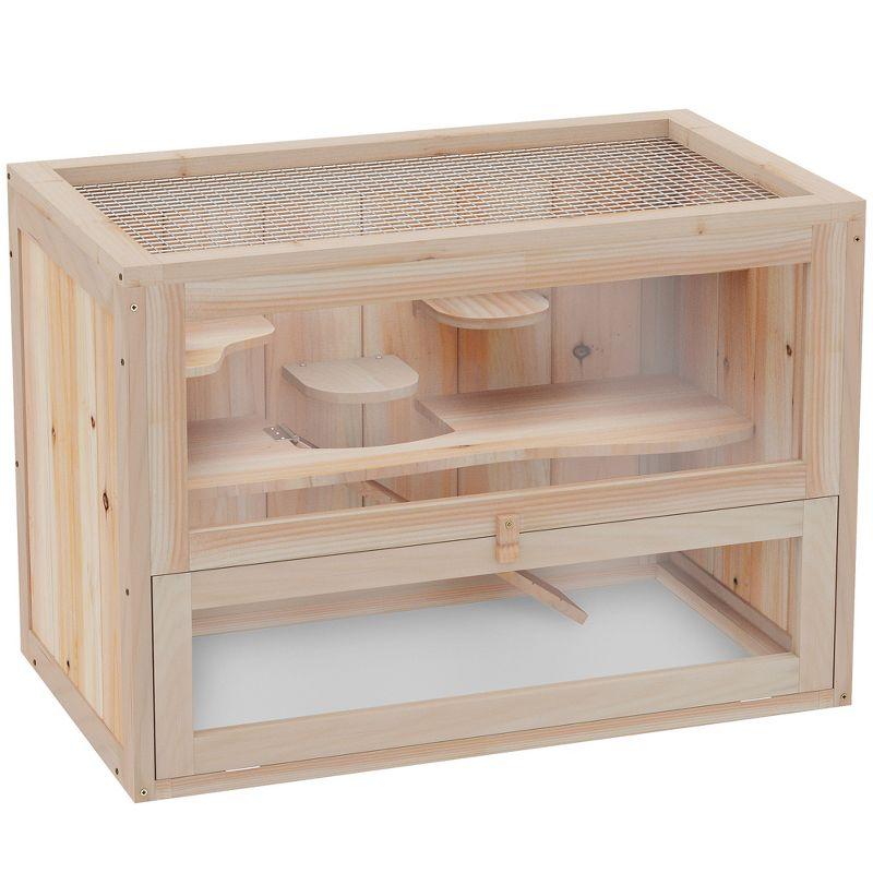 Natural Wood 2-Level Hamster Cage with Glass Front