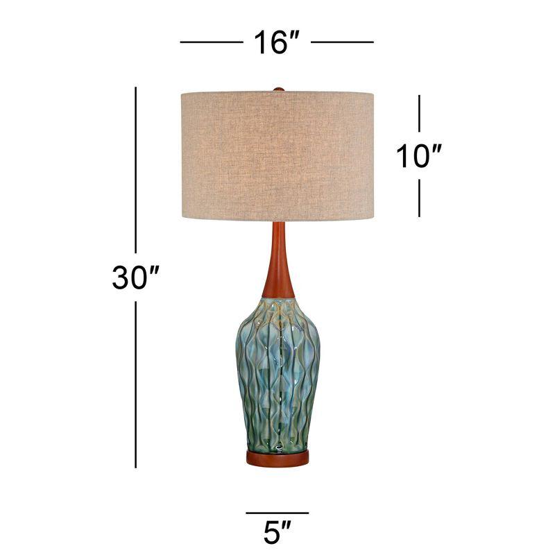 360 Lighting Rocco Modern Mid Century Table Lamp 30" Tall Blue Teal Glaze Ceramic Linen Drum Shade for Bedroom Living Room Bedside Nightstand Office