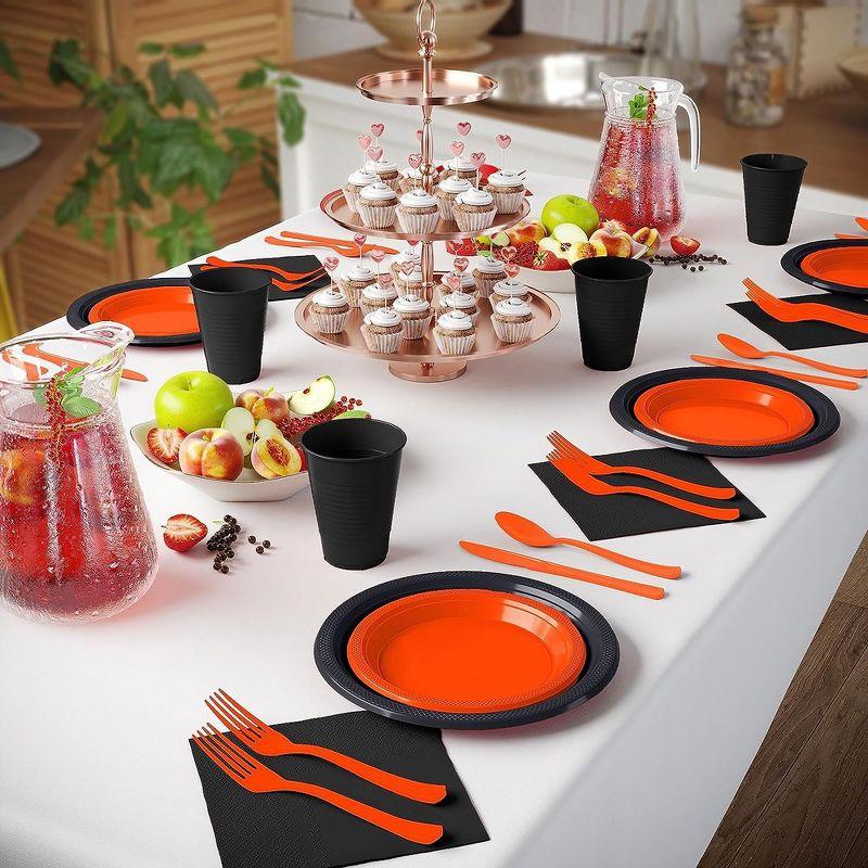 Crown Display 350 Piece Black and Orange Halloween Disposable Plastic Dinnerware party set- Serves 50