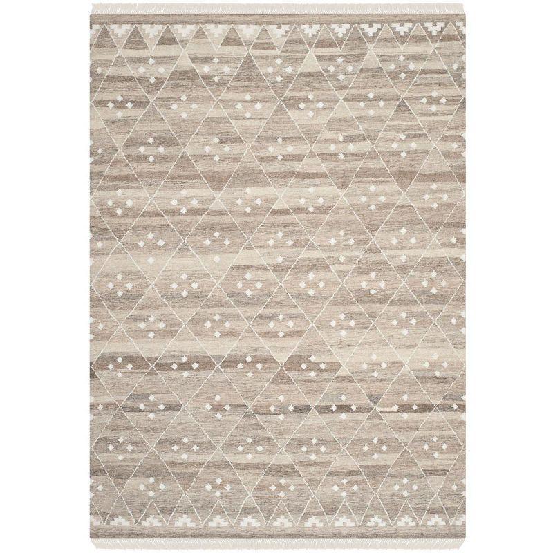 Natural Kilim Hand Woven Wool/Viscose/Cotton Geometric Rug in Natural Beige/Ivory