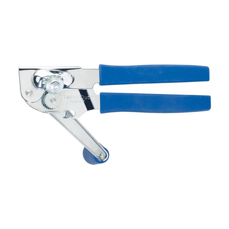 Winco Twist & Out Manual Can Opener with Crank Handle, Chrome Plated with blue Soft Grip Handles, 8.75?