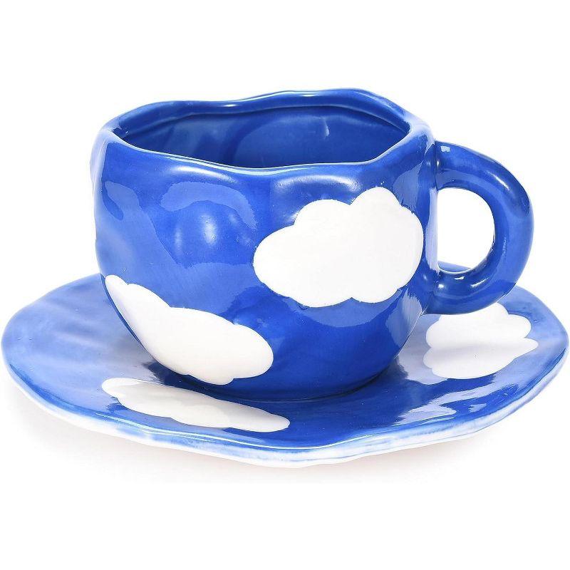 Blue and White Hand-Painted Ceramic Coffee Cup with Saucer