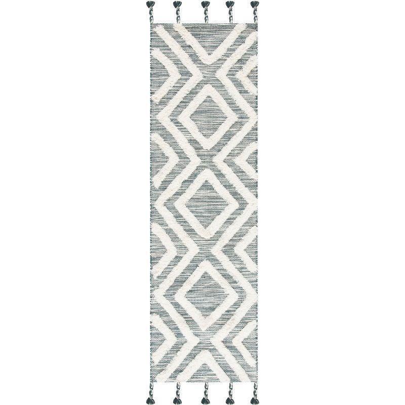 Teal and Ivory Hand-Knotted Wool Runner with Fringe