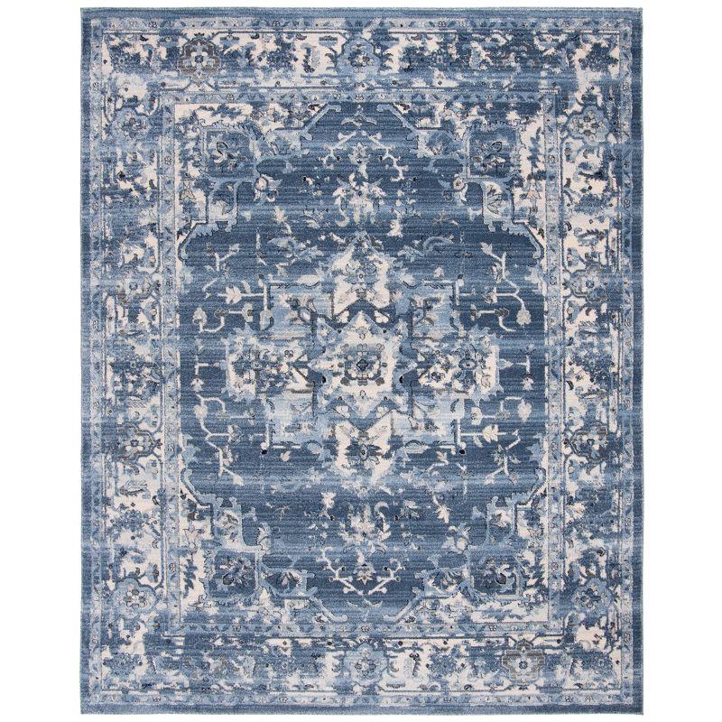 Blue Floral Motif Synthetic Low Pile Area Rug