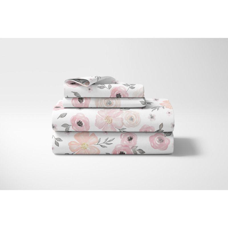 Sweet Jojo Designs Queen Sheet Set Watercolor Floral Pink Grey and White 4pc