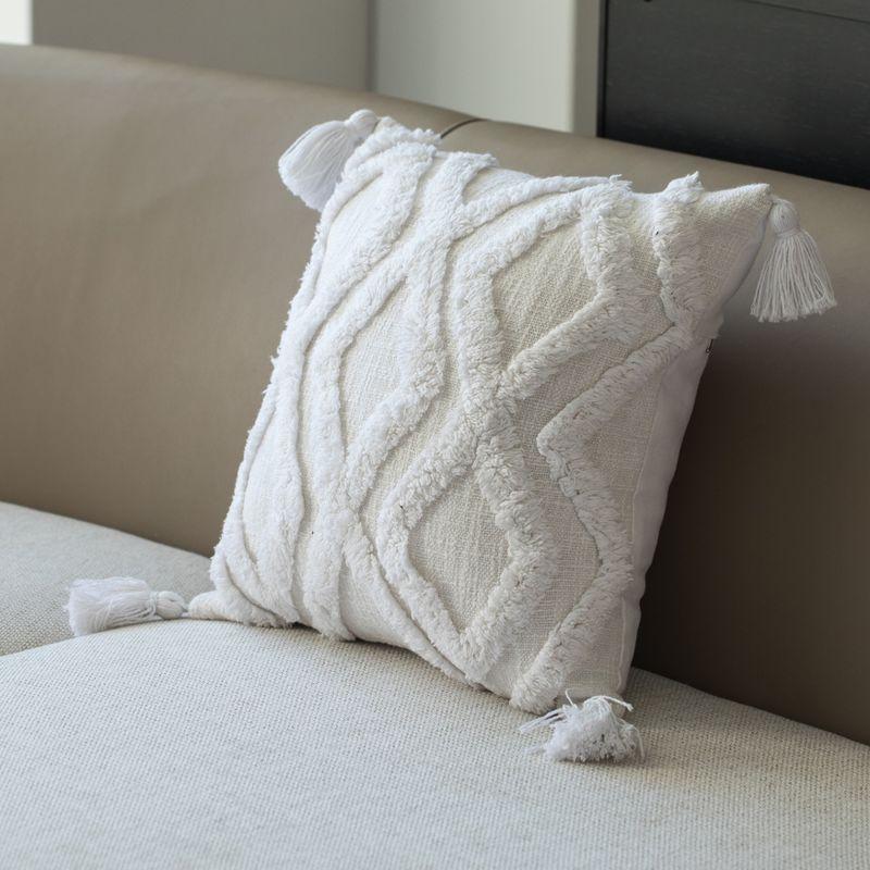 Bohemian 16" White Tufted Cotton Throw Pillow with Tassel Accents