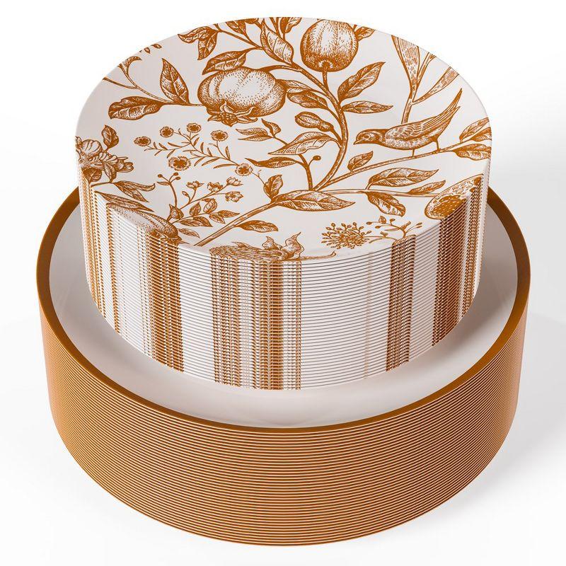 Trendables Plastic Disposable Plate Set 40 x 8" and 40 x 10" Brown and White Thanksgiving Plate with Pomegranate Design