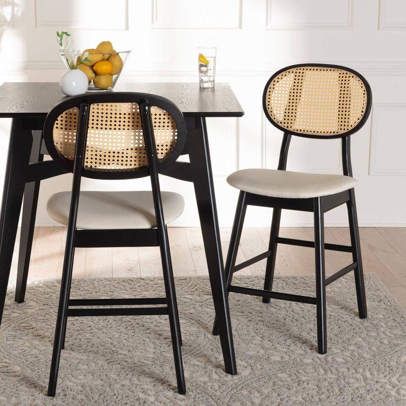 Baxton Studio 2pc Darrion Fabric and Wood Counter Height Barstools: Mid-Century, Upholstered, Footrest