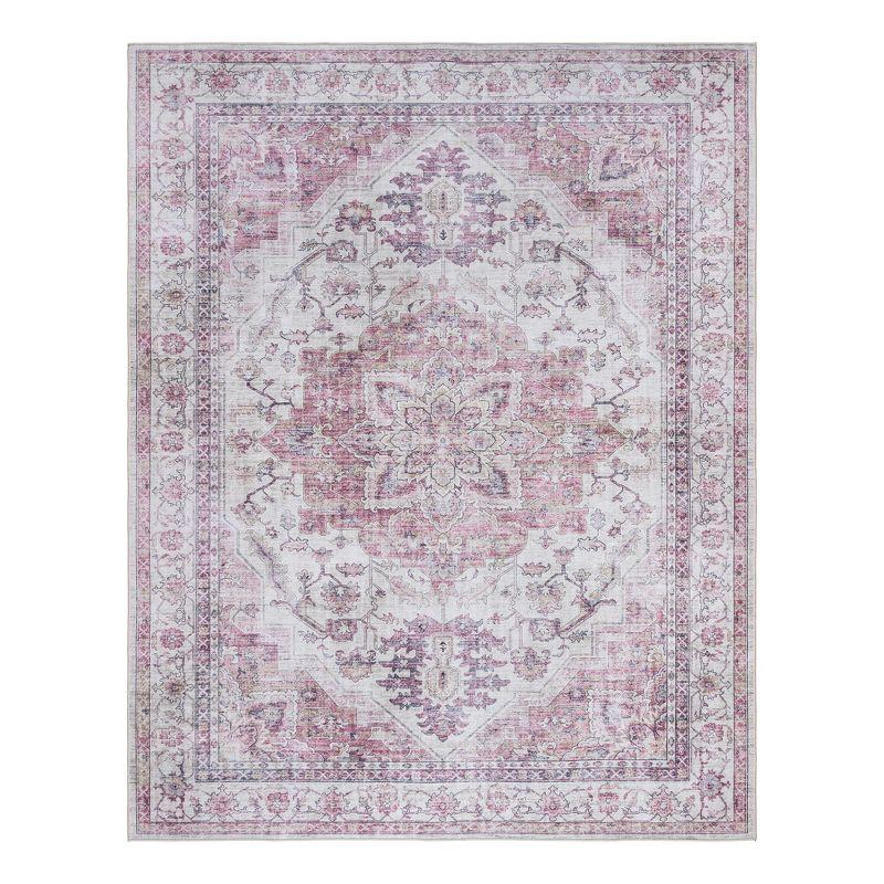 Gertmenian Crystal Print Tiefi Pink Ivory Multi Traditional Medallion Washable Flat Pile Indoor Area Rug