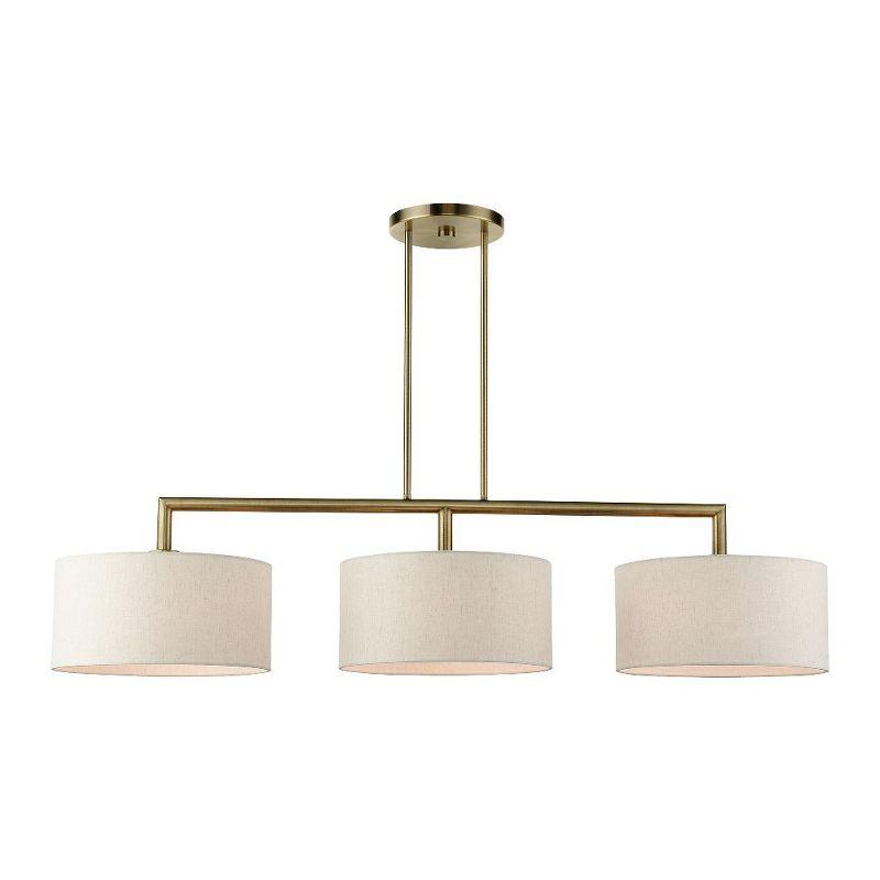 Meridian Antique Brass 3-Light Linear Chandelier with Oatmeal Shades