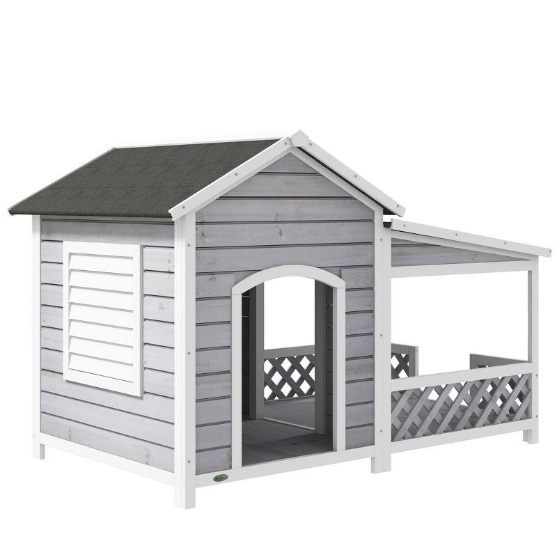 Large Gray Wooden Dog House with Porch and Asphalt Roof