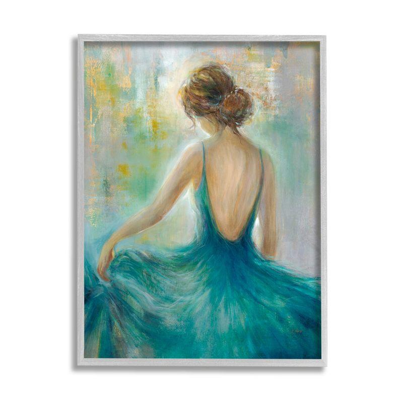 Woman in Green Dress Canvas Print with Gray Frame