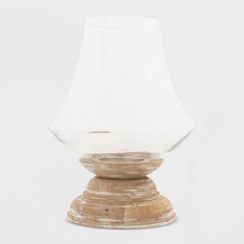 Storied Home 16" x 13" Glass Hurricane Candle Holder with Mango Wood Base Natural/Clear - Pillar Candle Compatibility, Tabletop Display