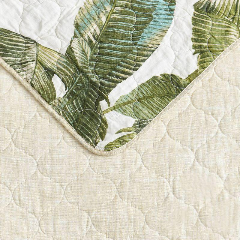 Twin White Cotton Reversible Quilt Set with Green Palm Design