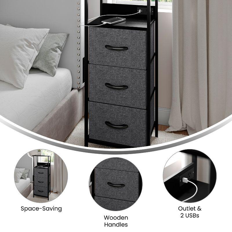 Emma and Oliver Charging Nightstand with 3 Fabric Drawers, 2 USB Ports, 1 Outlet in Charcoal/Blk