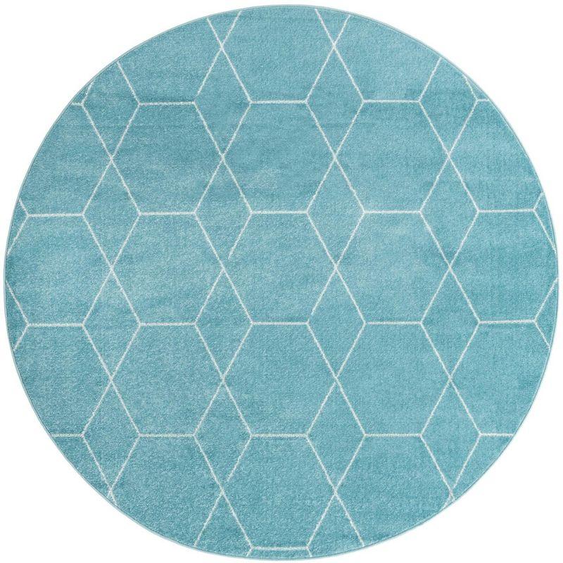 Light Blue and Ivory Round Geometric Trellis Rug