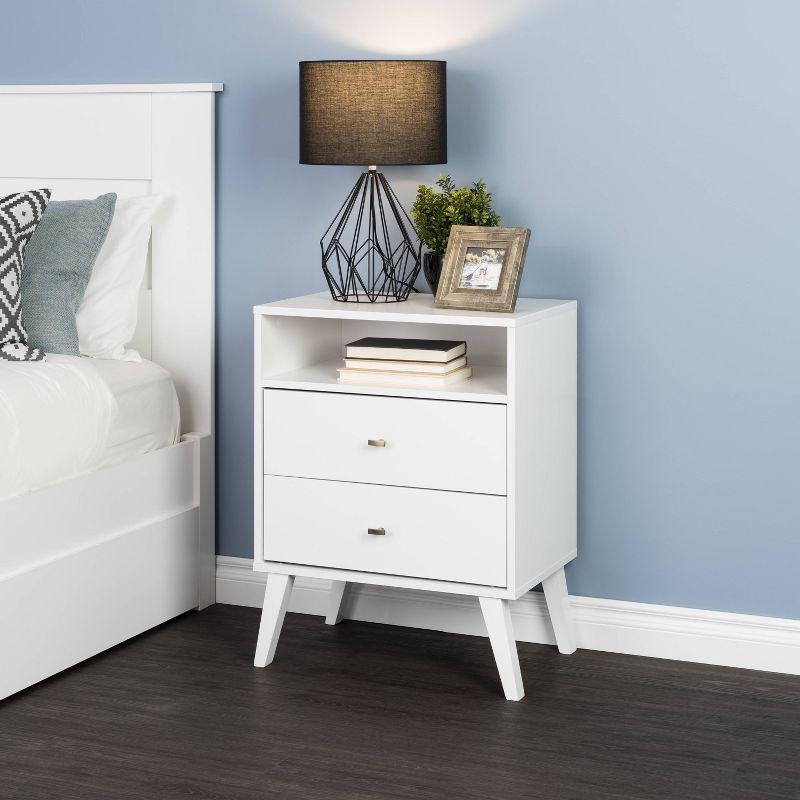 Mid Century Modern 2 Drawer Tall Nightstand with Shelf White - Prepac: Wood Laminate, Includes Anti-Tip Hardware