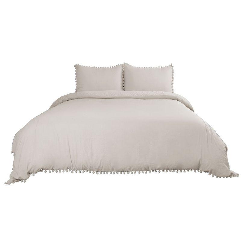 PiccoCasa Soft Bedding Solid Duvet Cover Set with Pompon Tassels and 2 Pillow Shams 3 Pcs Tan Queen