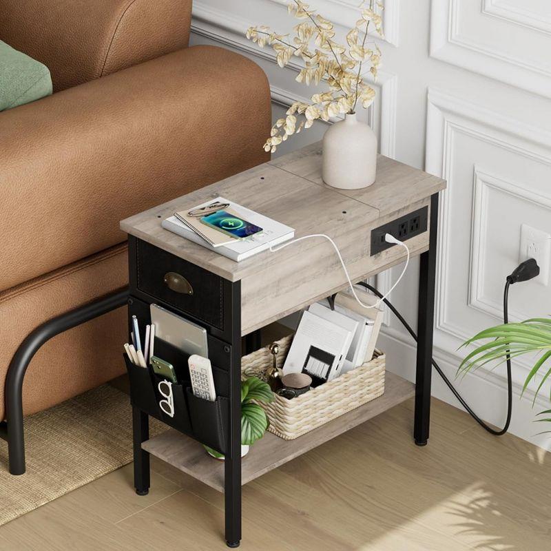 Gray End Table with Charging Station- Flip Top Narrow Side Tables With Storage Drawers for Living Room Bedroom Office Small Spaces-2PC