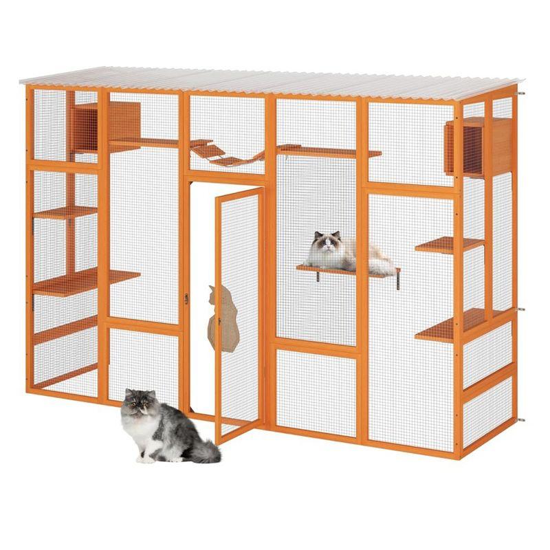 COZIWOW Outdoor Cat Enclosure, Catio Pet Safe House, 104" Extra Large Indoor Window Box with 7 Platforms, Resting Houses, and Walk-In Door, Orange
