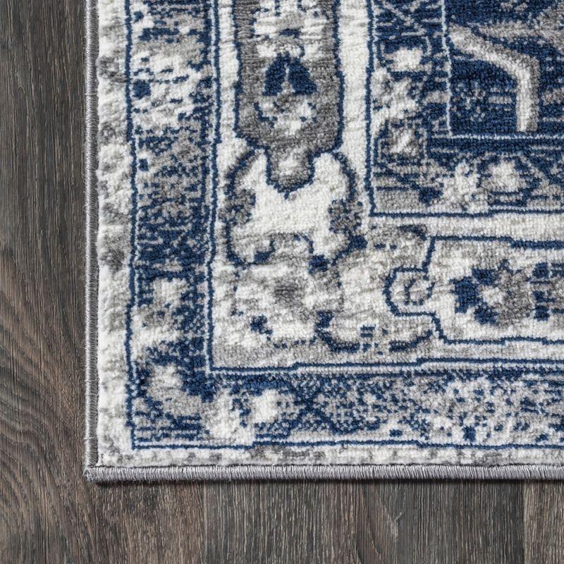 2'x8' Modern Persian Vintage Medallion Runner Rug, Light Grey/Navy - JONATHAN Y