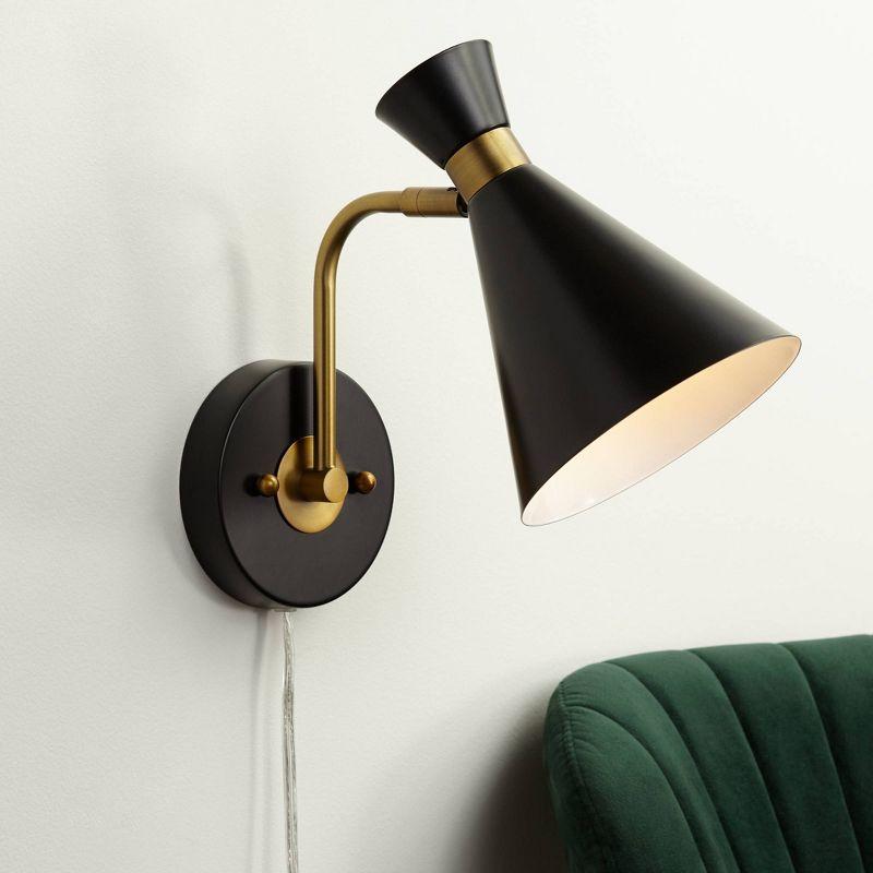 360 Lighting Venice Mid Century Modern Wall Lamp Matte Black Brass Plug-in 6 1/4" Light Fixture Adjustable Metal Cone Shade for Bedroom Living Room