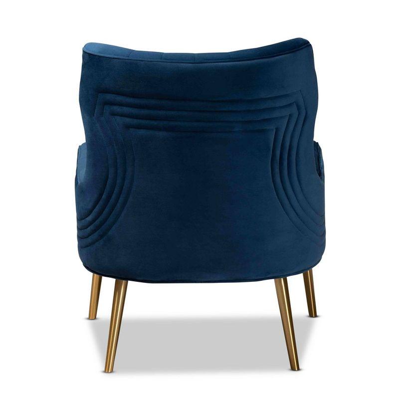 Curvaceous Navy Blue Velvet Armchair with Geometric Stitching and Gold Metal Legs