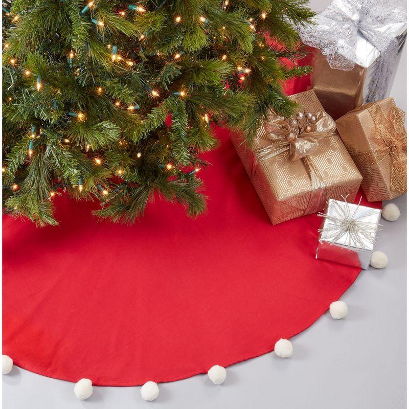 Red Cotton Christmas Tree Skirt with Pom Pom Design