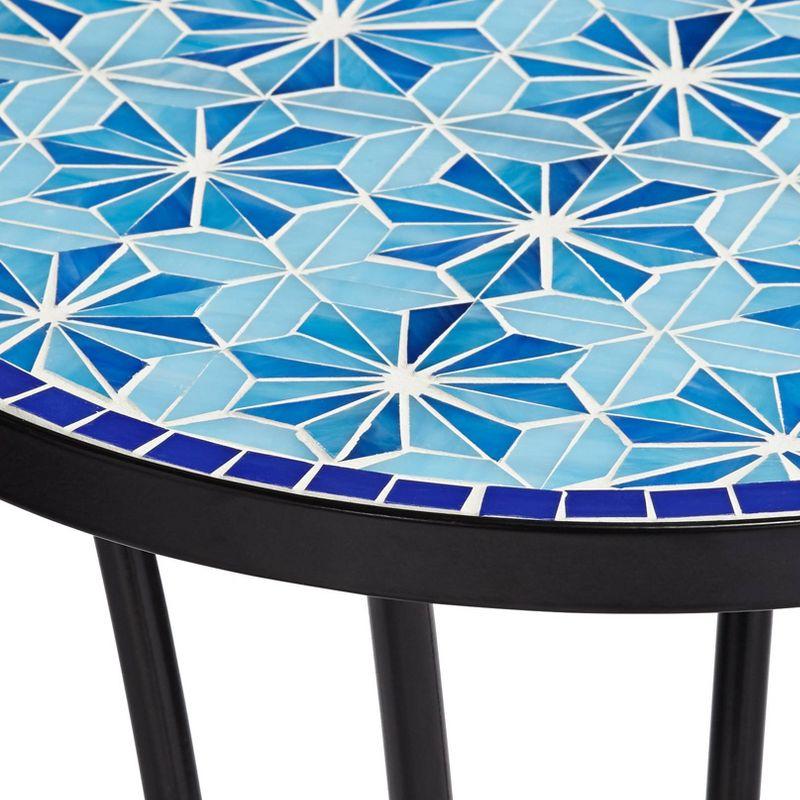 Teal Island Designs Coastal Black Round Outdoor Accent Side Tables 14" Wide Set of 2 Blue Stars Mosaic Tabletop Front Porch Patio Home House