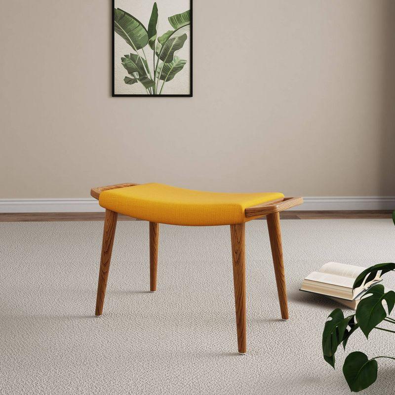 Manhattan Comfort Geta Ottoman Yellow: Upholstered Linen Footstool, Padded Seat, Ash Wood Legs