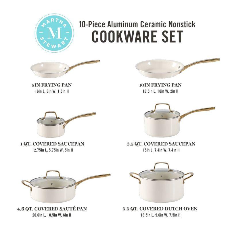 Martha Stewart 10pc Lockton Premium Nonstick Ceramic Enamel Aluminum Set Linen White: Skillets & Fry Pans, Cooktop Compatible