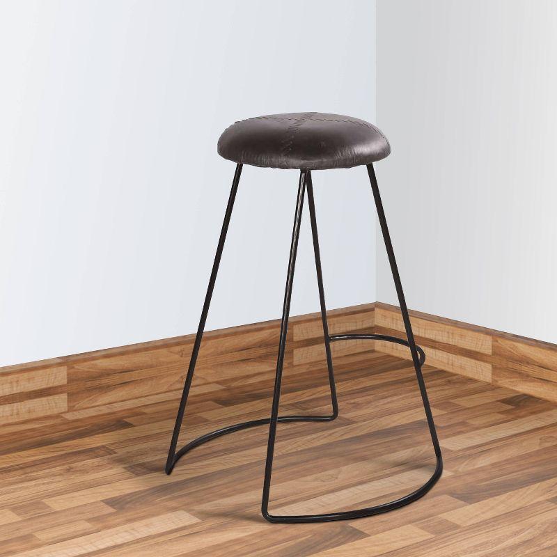 26" Modern Counter Height Barstool with Genuine Leather Upholstery and Metal Frame Black - The Urban Port: Sled Base, No Assembly Required