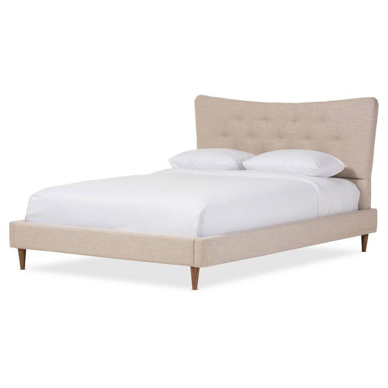 Hannah King-Size Beige Linen Upholstered Platform Bed with Walnut Frame