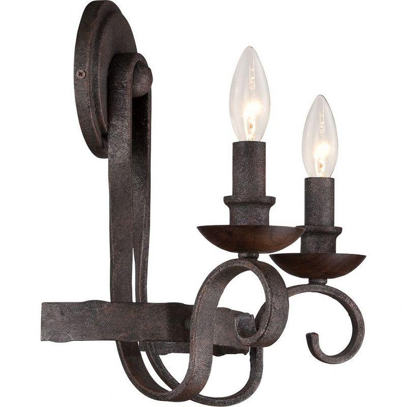 Rustic Black Hammered Metal and Walnut 2-Light Sconce