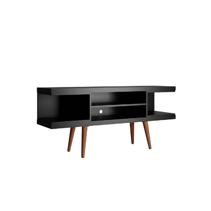 Sleek Matte Black 53" TV Stand with Splayed Wooden Legs and Open Shelves