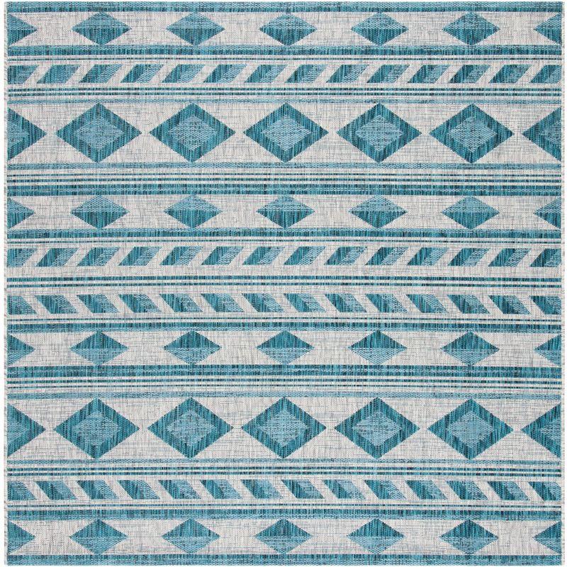 Gray and Teal Square Synthetic Indoor/Outdoor Rug