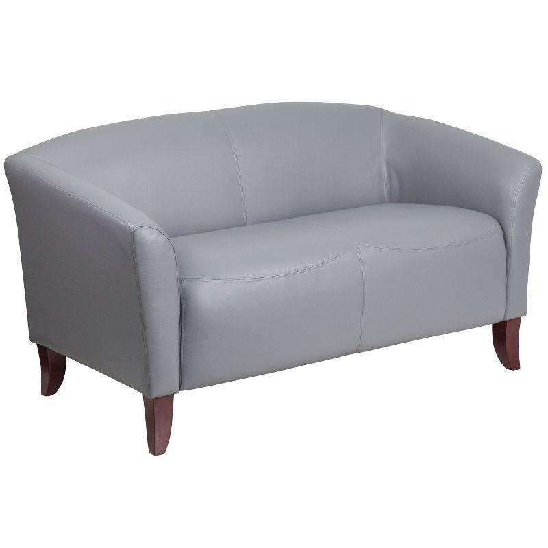 Modern Gray Faux Leather Loveseat with Cherry Wood Feet