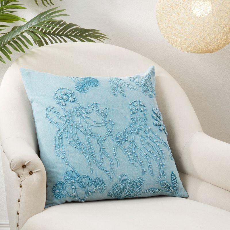 Blue Stonewashed Octopus Embroidered 20" Cotton Throw Pillow