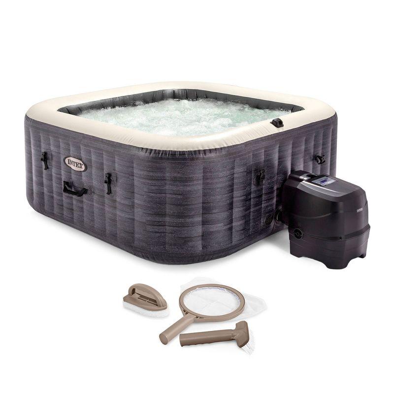 Intex PureSpa Plus Greystone Inflatable Square Outdoor Hot Tub Spa, 83" x 28" with PureSpa Maintenance Accessory Brush, Skimmer, and Scrubber Kit